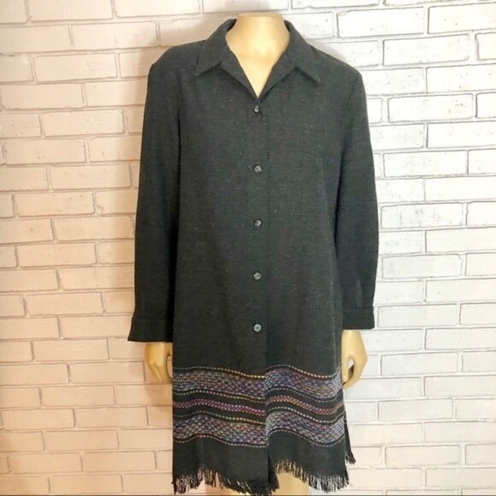 T.‎ Garment Charcoal Grey Textured Button Front Tunic Jacket with Fringe Hem